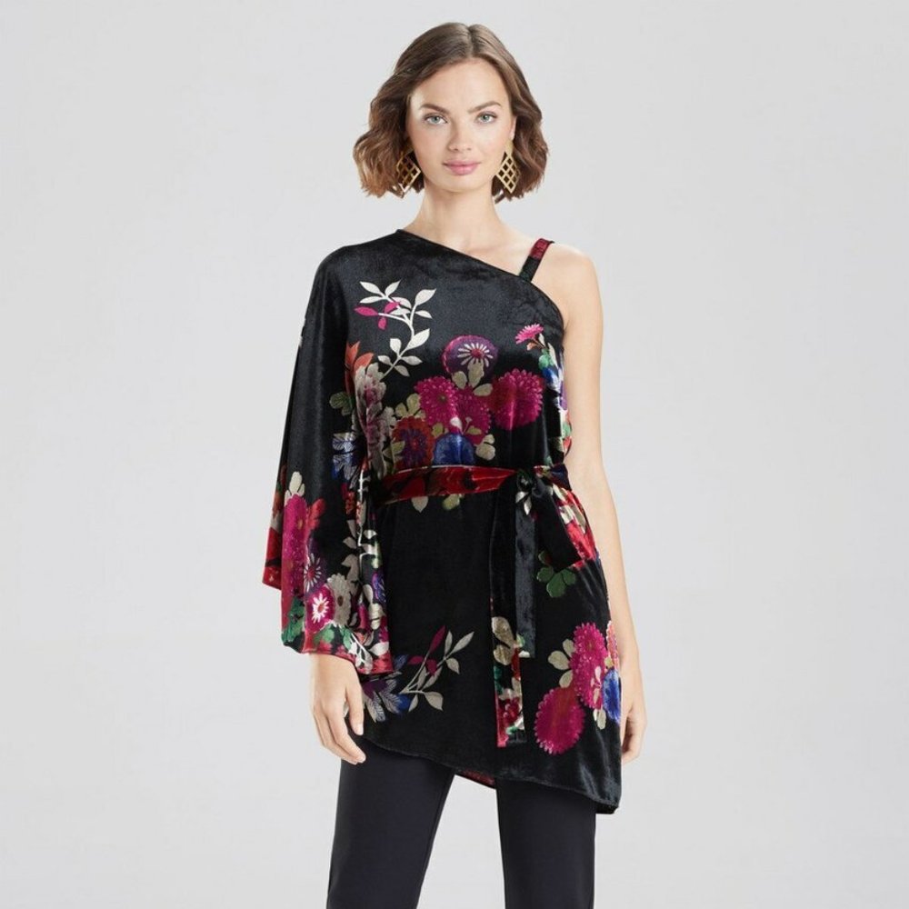 Natori Winter Peony Velvet One Shoulder Drama Blouse Top NEW S M L XL